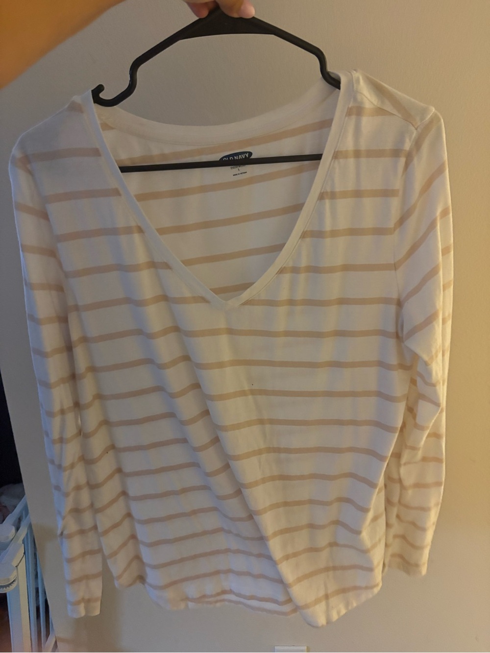 Old Navy White & Tan Striped V-Neck Long Sleeve Tee